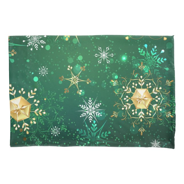 Xmas Golden Snowflakes on Green Background Pillow Case (Front-Left)