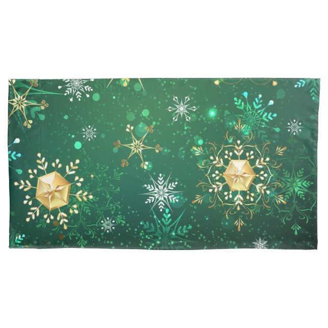 Xmas Golden Snowflakes on Green Background Pillow Case (Front)