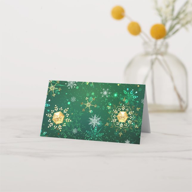 Xmas Golden Snowflakes on Green Background Place Card (Front)