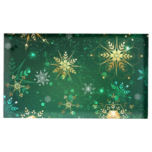 Xmas Golden Snowflakes on Green Background Place Card Holder