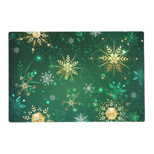 Xmas Golden Snowflakes on Green Background Placemat