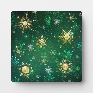 Xmas Golden Snowflakes on Green Background Plaque