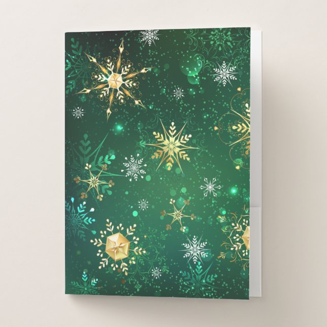 Xmas Golden Snowflakes on Green Background Pocket Folder (Front)