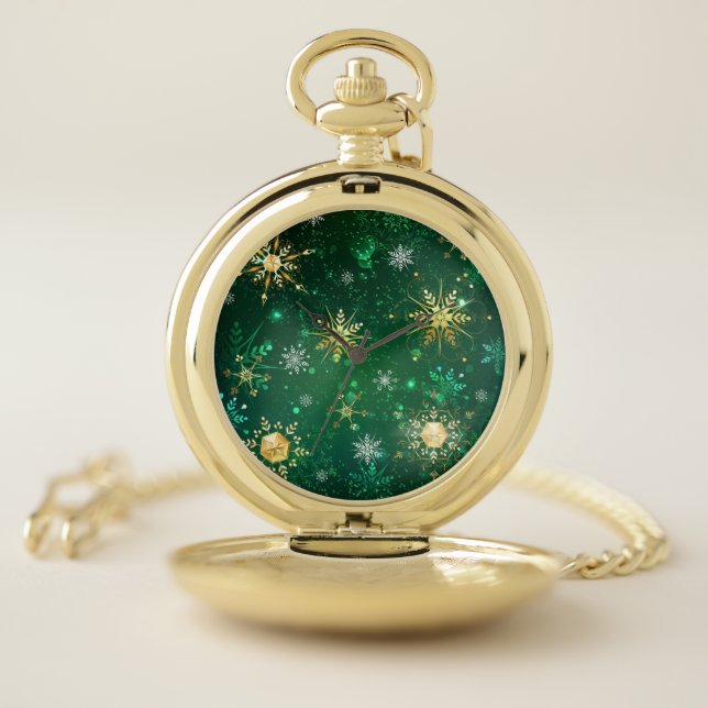 Xmas Golden Snowflakes on Green Background Pocket Watch (Inside)