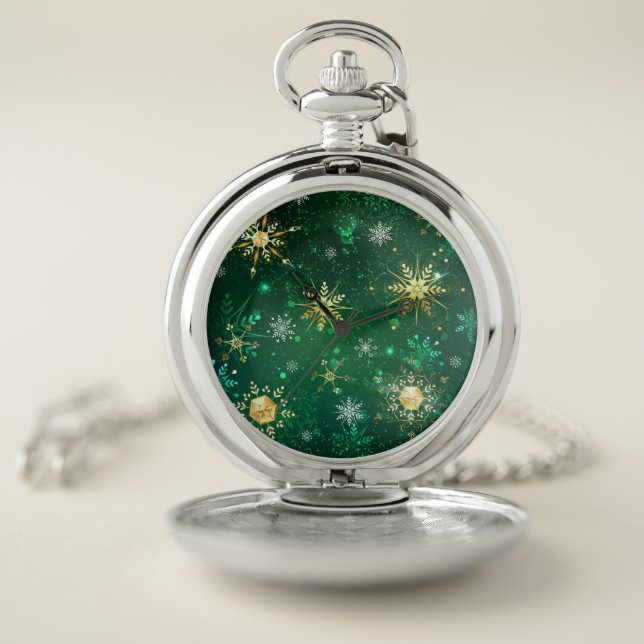 Xmas Golden Snowflakes on Green Background Pocket Watch (Inside)