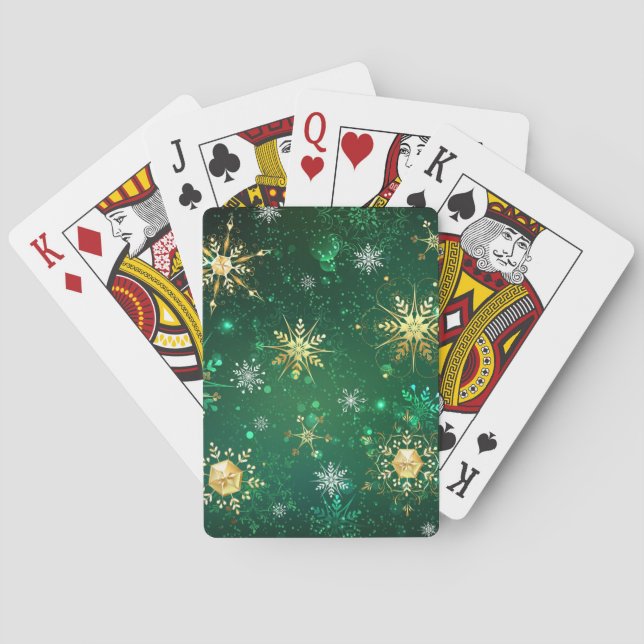 Xmas Golden Snowflakes on Green Background Poker Cards (Back)