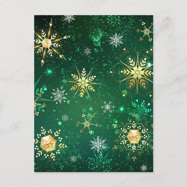 Xmas Golden Snowflakes on Green Background Postcard (Front)