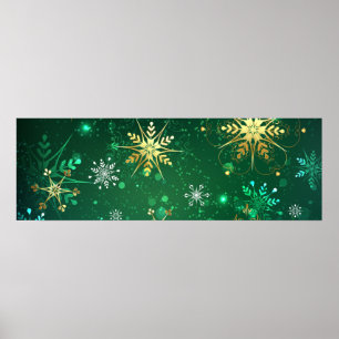 Xmas Golden Snowflakes on Green Background Poster