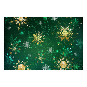 Xmas Golden Snowflakes on Green Background Poster