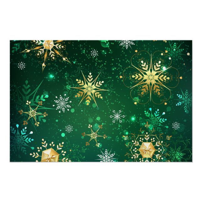 Xmas Golden Snowflakes on Green Background Poster (Front)