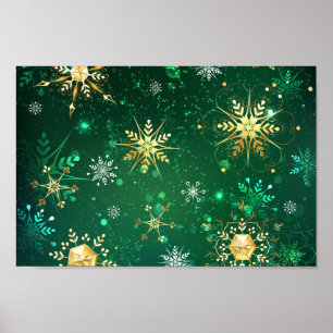Xmas Golden Snowflakes on Green Background Poster
