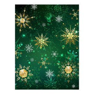 Xmas Golden Snowflakes on Green Background Poster