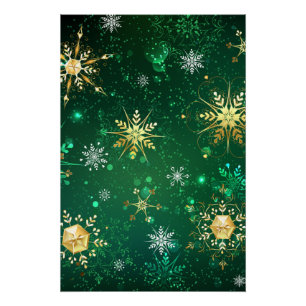 Xmas Golden Snowflakes on Green Background Poster