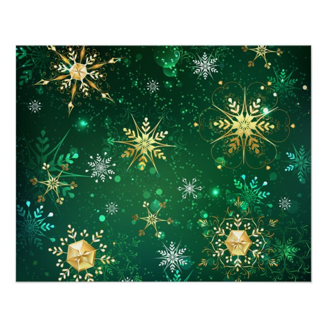 Xmas Golden Snowflakes on Green Background Poster (Front)