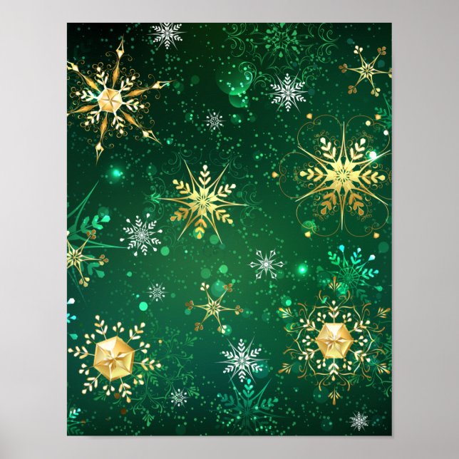 Xmas Golden Snowflakes on Green Background Poster (Front)