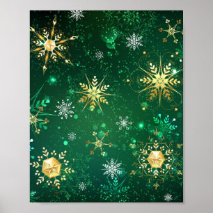 Xmas Golden Snowflakes on Green Background Poster