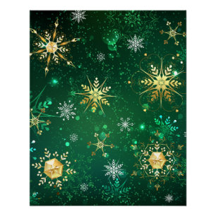 Xmas Golden Snowflakes on Green Background Poster
