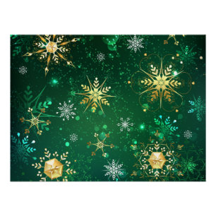 Xmas Golden Snowflakes on Green Background Poster