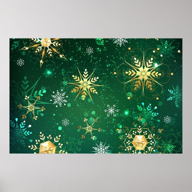 Xmas Golden Snowflakes on Green Background Poster (Front)