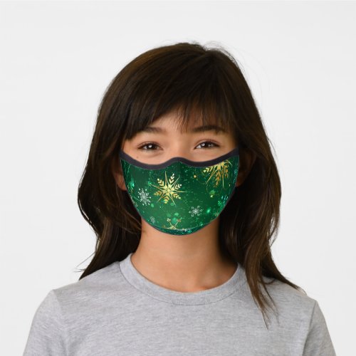 Xmas Golden Snowflakes on Green Background Premium Face Mask