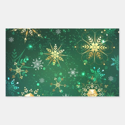 Xmas Golden Snowflakes on Green Background Rectangular Sticker