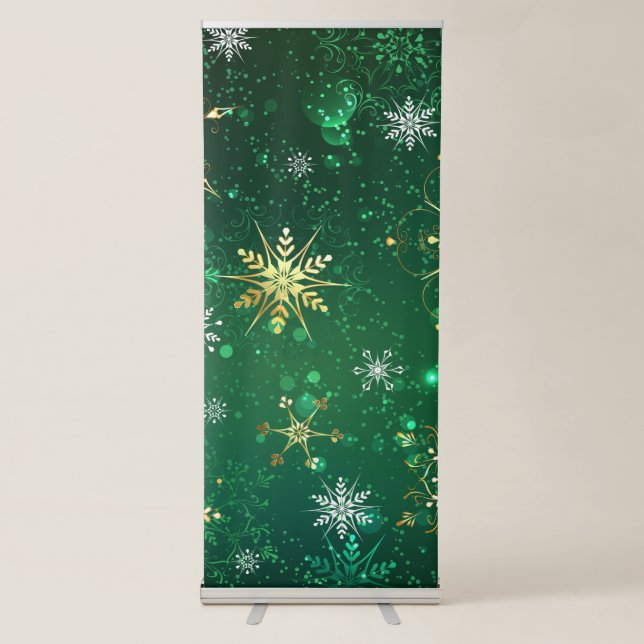 Xmas Golden Snowflakes on Green Background Retractable Banner (Front)