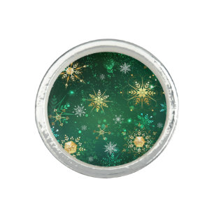 Xmas Golden Snowflakes on Green Background Ring
