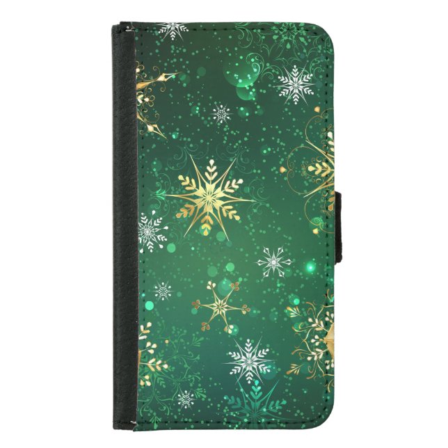 Xmas Golden Snowflakes on Green Background Samsung Galaxy Wallet Case (Front)
