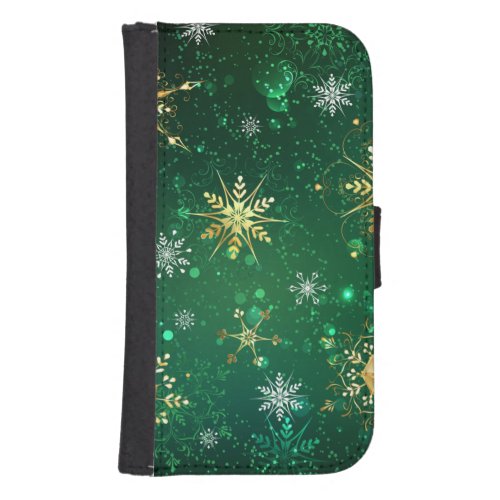 Xmas Golden Snowflakes on Green Background Galaxy S4 Wallet Case