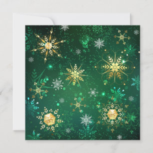 Xmas Golden Snowflakes on Green Background Save The Date
