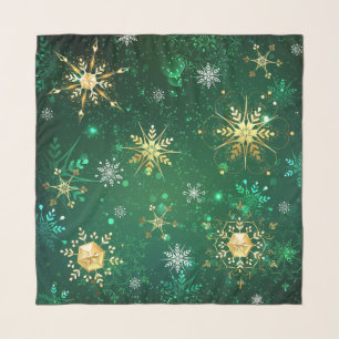 Xmas Golden Snowflakes on Green Background Scarf