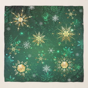 Xmas Golden Snowflakes on Green Background Scarf