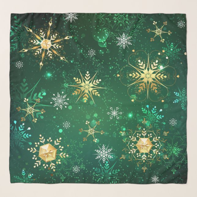 Xmas Golden Snowflakes on Green Background Scarf (Front)