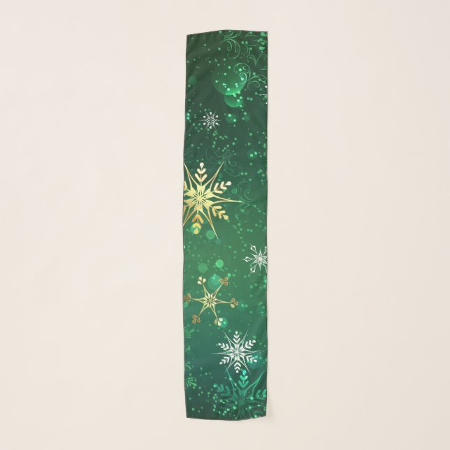 Xmas Golden Snowflakes on Green Background Scarf (Front)