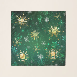 Xmas Golden Snowflakes on Green Background Scarf