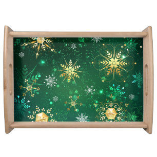Xmas Golden Snowflakes on Green Background Serving Tray