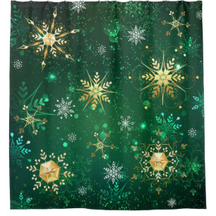 Xmas Golden Snowflakes on Green Background Shower Curtain