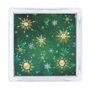 Xmas Golden Snowflakes on Green Background Silver Finish Lapel Pin