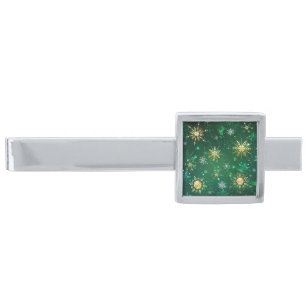 Xmas Golden Snowflakes on Green Background Silver Finish Tie Bar