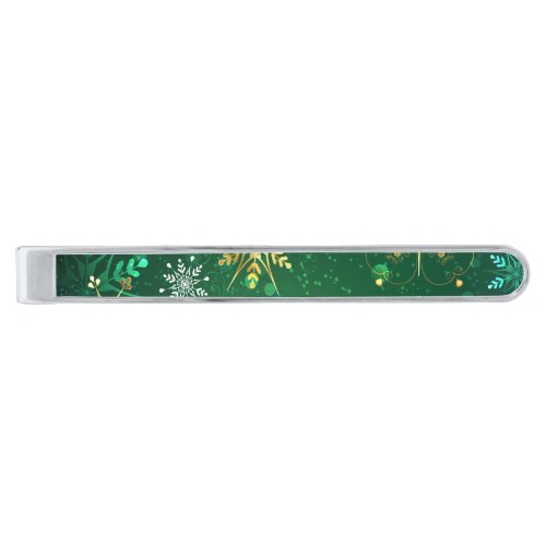 Xmas Golden Snowflakes on Green Background Silver Finish Tie Bar