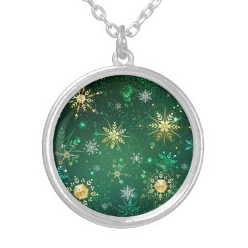 Xmas Golden Snowflakes On Green Background Silver Plated Necklace by Blackmoon9 at Zazzle