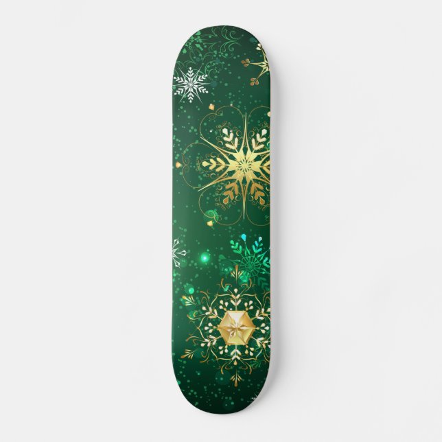 Xmas Golden Snowflakes on Green Background Skateboard (Front)