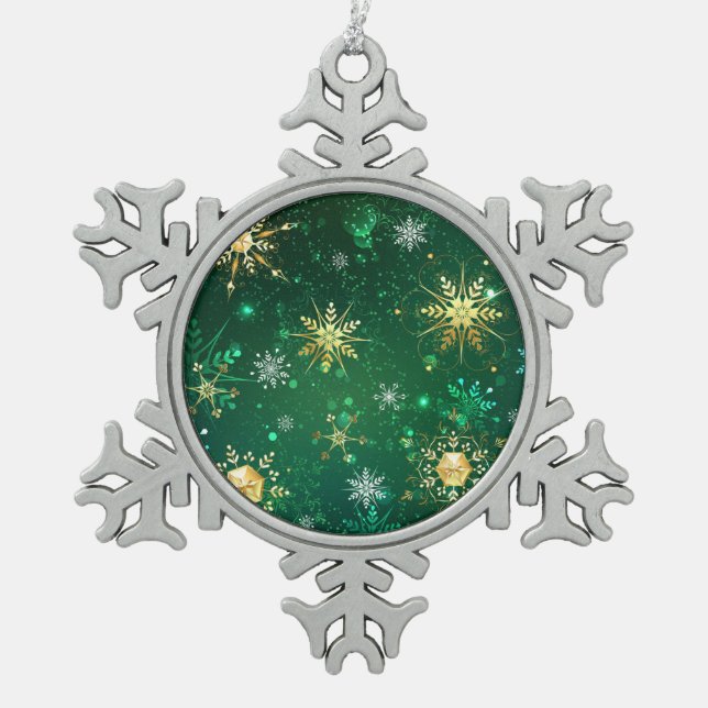 Xmas Golden Snowflakes on Green Background Snowflake Pewter Christmas Ornament (Front)