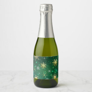 Xmas Golden Snowflakes on Green Background Sparkling Wine Label