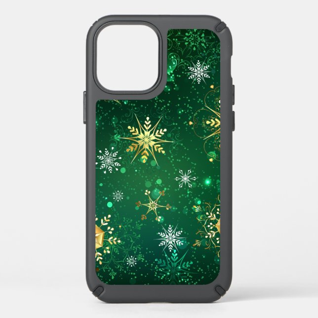 Xmas Golden Snowflakes on Green Background Speck iPhone 12 Case (Front)
