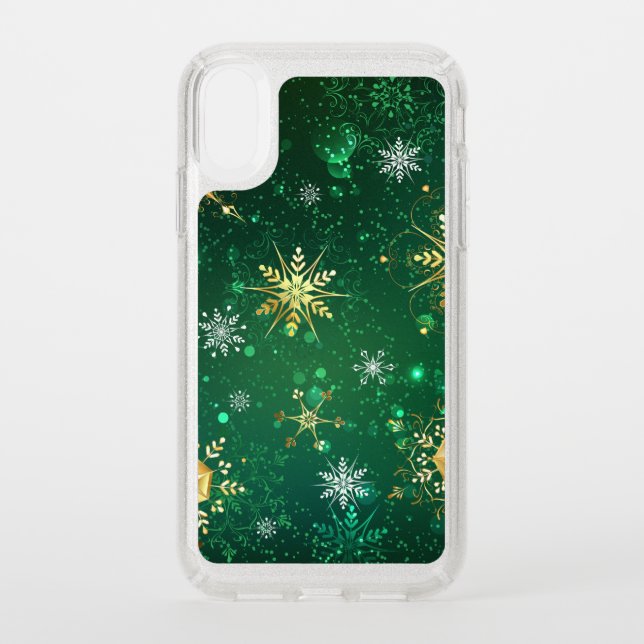 Xmas Golden Snowflakes on Green Background Speck iPhone XR Case (Front)