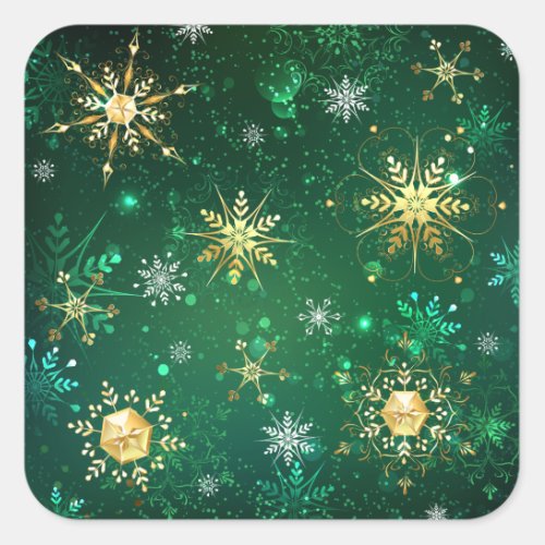 Xmas Golden Snowflakes on Green Background Square Sticker