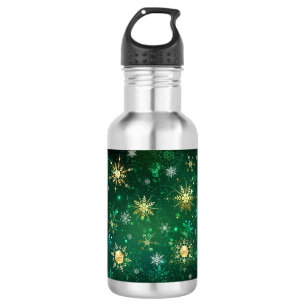 Xmas Golden Snowflakes on Green Background Stainless Steel Water Bottle
