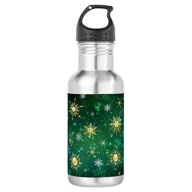 Xmas Golden Snowflakes on Green Background Stainless Steel Water Bottle (Front)
