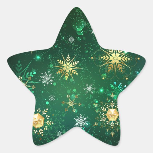 Xmas Golden Snowflakes on Green Background Star Sticker